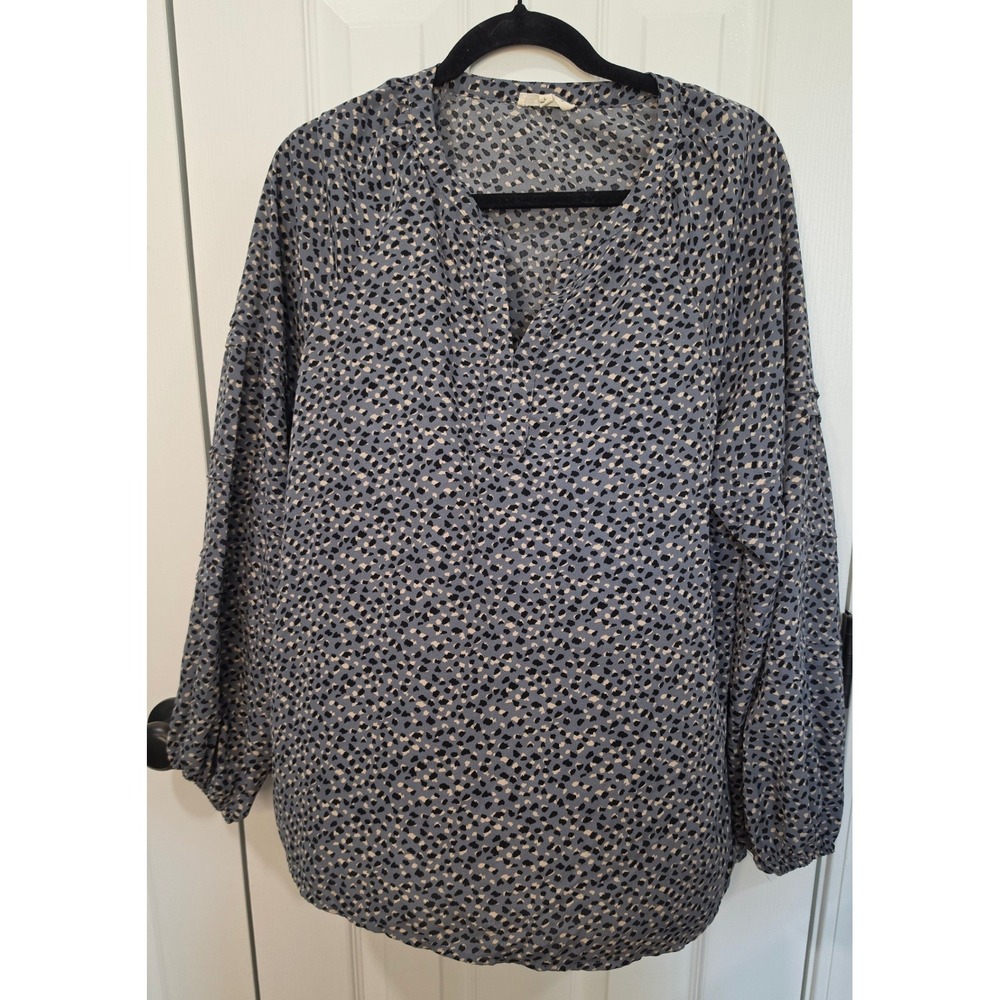 Cotton Bleu Womens Blue Abstract Animal Print Split V-Neck Blouse Size L 63248W